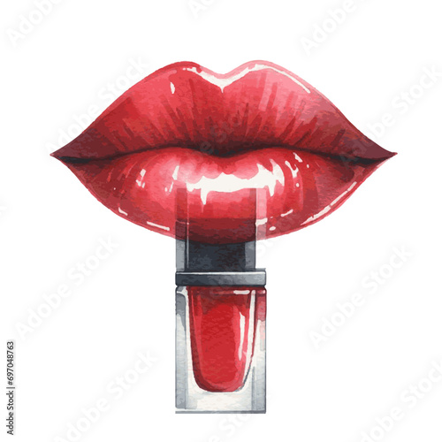 red sexy woman lips with lipgloss watercolor paint for fashion beauty card decor