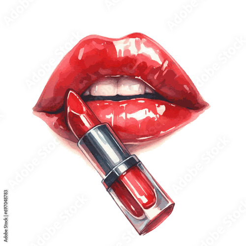 red sexy woman lips with lipgloss watercolor paint for fashion beauty card decor