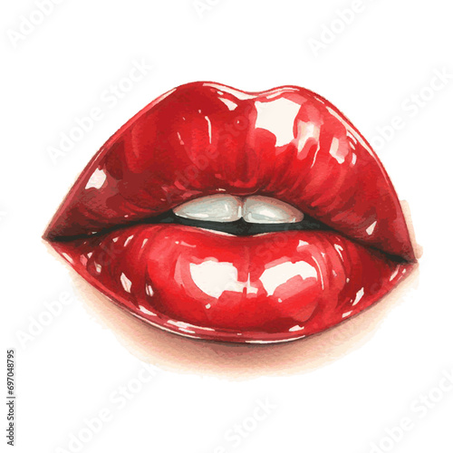 red sexy woman lips with lipgloss watercolor paint for fashion beauty card decor