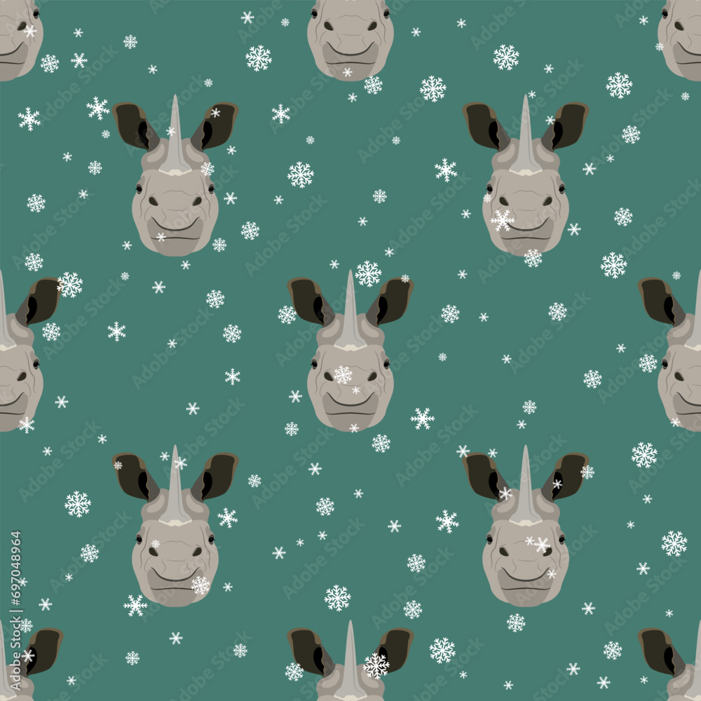 Seamless animal pattern with horned heads of Indian rhinoceros and snowflakes. (Rhinoceros unicornis). Seasonal winter design. Funny animal masks. Cartoon style. On green background.