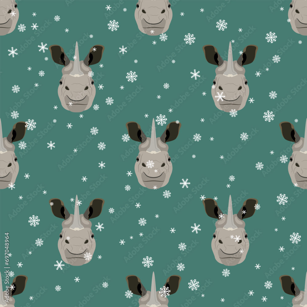 Obraz premium Seamless animal pattern with horned heads of Indian rhinoceros and snowflakes. (Rhinoceros unicornis). Seasonal winter design. Funny animal masks. Cartoon style. On green background.