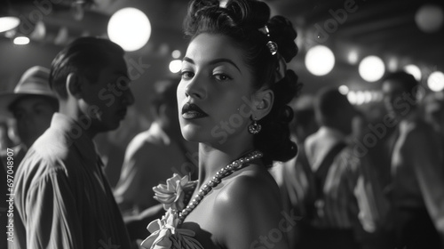 Movie still of beautiful latina woman at a bar in the 1950s