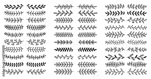 Laurel text dividers doodle set. Wedding decorative elements with leaves. Branches, divider ornament, borders, lines. Hand drawn vector illustration isolated on white background