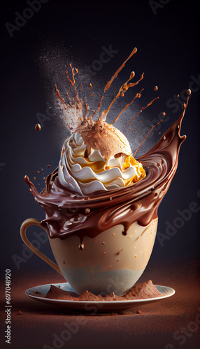 Abstract splash of brown milk chocolate in a cup, splitting hot cocoa drink isolated on dark background. Generative AI photo