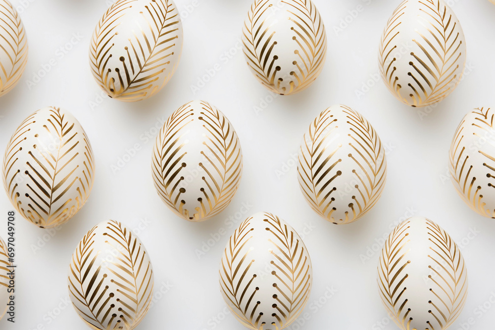 Decorative gold Easter eggs on the white background. Top view spring minimalist modern backdrop.