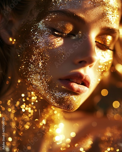 Golden Elegance: Fashion Model with Sparkling Gold Skin and Hair