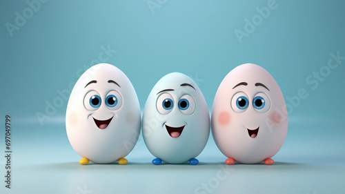 Happy Easter eggs with faces. Eggs characters smiling on pastel blue background.
