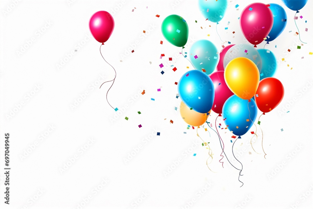 Colorful Happy Birthday balloons and confetti scattered on a white background.