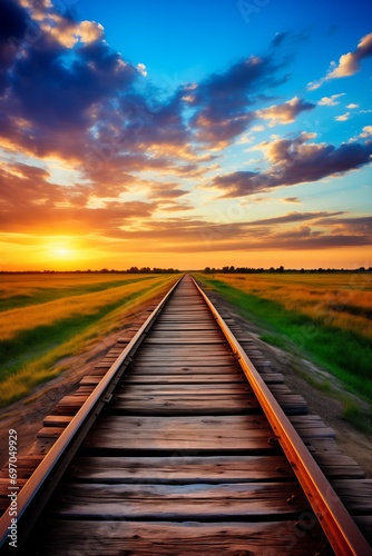 Railroad tracks disappearing into the horizon during a beautiful sunset, creating a serene and picturesque scene.