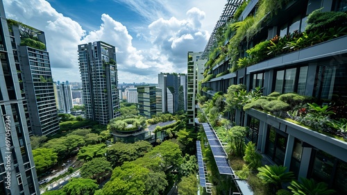 Modern Cityscape with Solar Panels and Green Roofs