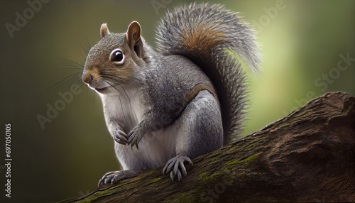 Eastern grey squirrel sitting on a tree branch in park or forest, Sciurus carolinensis portrait. Generative AI