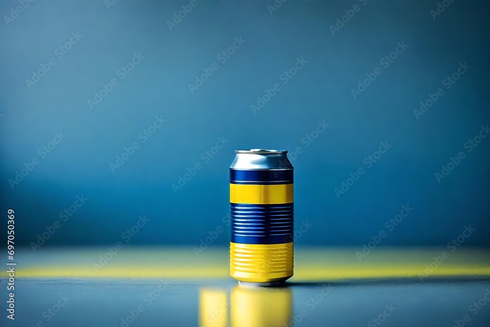 yellow and blue canned beverage packaging mockup