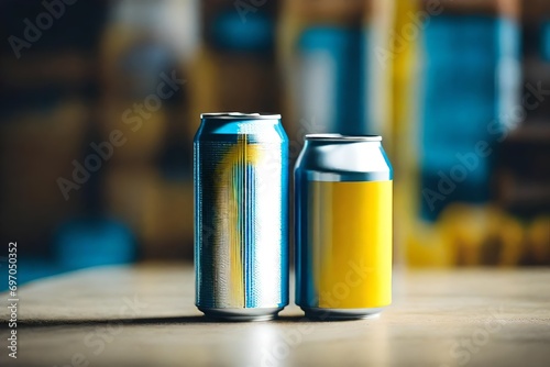 yellow and blue canned beverage packaging mockup