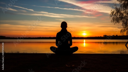 A person meditating in a sunset backdrop, finding inner peace and tranquility amidst the beauty of nature.