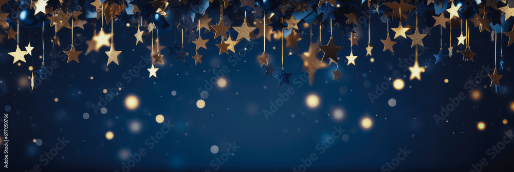 Christmas and new year 2024 decoration on the blue vintage background golden stars comeliness - obrazy, fototapety, plakaty 