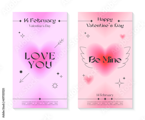 Valentines Day greeting banner templates in 90s style.Romantic vector illustrations in y2k aesthetic with linear shapes,blurred hearts,sparkles.Modern designs for smm,invitations,prints,promo offers.