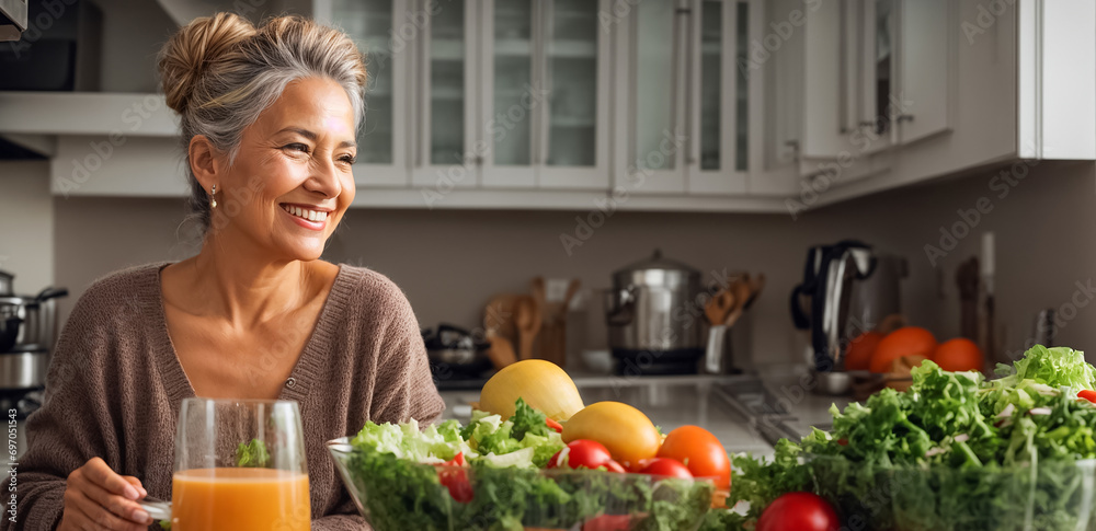 Adult cheerful woman in the kitchen with different vegetables and fruits Adult cheerful woman in the kitchen with different vegetables and fruits