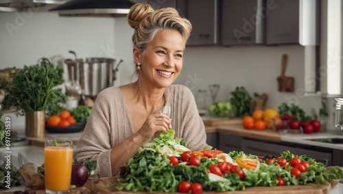 Adult woman in the kitchen with different vegetables and fruits breakfast