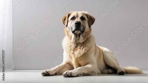An adult Anatolian Shepherd dog sits attentively against a minimalist white background, showcasing its thick cream-colored coat and intelligent dark eyes. photo