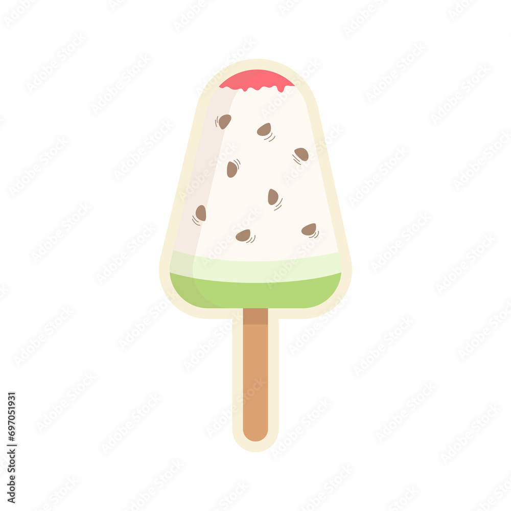 Ice cream isolated on white background. Ice cream sticker. Cartoon watermelon ice cream sticker. Ice lolly illustration.