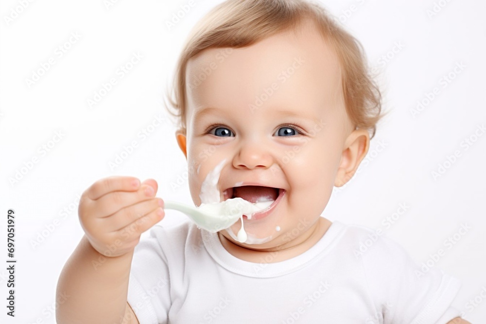 little cute caucasian toddler baby trying and enjoying the baby food or porridge himself with a spoon; Self nutrition concept little cute caucasian toddler baby trying and enjoying the baby food or porridge himself with a spoon; Self nutrition concept