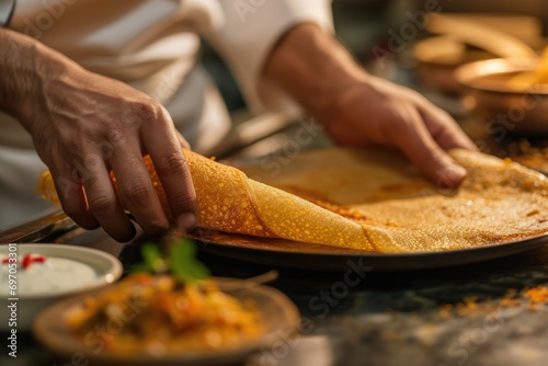 Culinary Symphony: A Chef's Skilled Hands Artfully Plate Masala Dosa, Showcasing the Delightful Fusion of Crispy Fermented Batter and Spiced Potato Filling in This South Asian Breakfast Dish.

