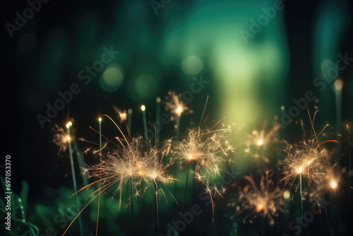 sparking sparkler in the green area. sparkler fire with blurred bokeh background. new year or St. Patrick's Day.