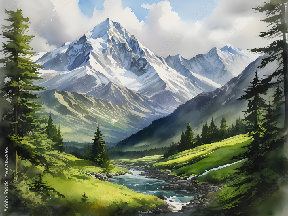 Majestic Peaks: A Powerful Watercolor Depiction of Snow-Capped Mountain Range. generative AI