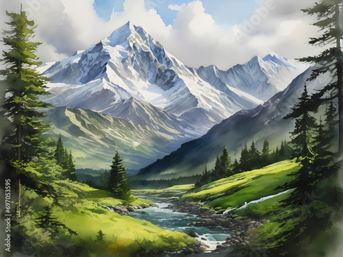 Majestic Peaks  A Powerful Watercolor Depiction of Snow-Capped Mountain Range. generative AI
