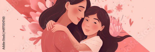 Illustration of mom and daughter laughing and holding hands on a pink background, in the style of poster, delicate portraits. Banner