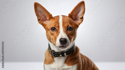 Headshot of a Basenji puppy with a poignant gaze, large pointed ears, and a black studded collar, against a neutral background. © Tom