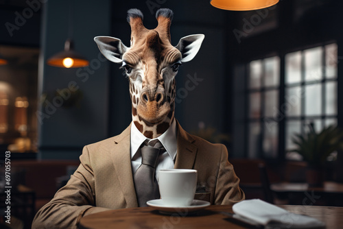 Portrait of a beautiful giraffe dressed in business clothes sitting in a bar drinking coffee. Anthropomorphic, animal character