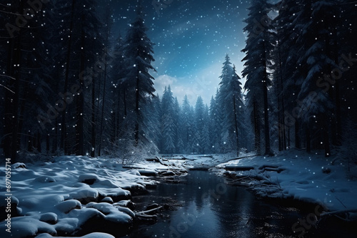 Fabulous winter landscape serene river, frozen and shining in moonlight, surrounded by a dark coniferous forest. Clear starry sky