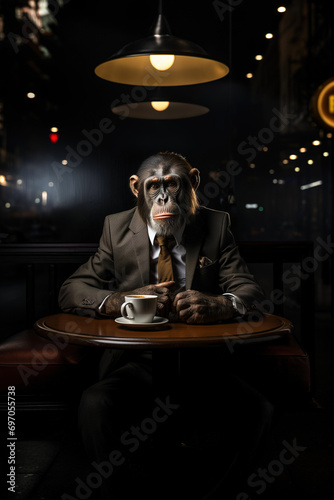 Portrait of a serious chimpanzee in a business suit drinking coffee sitting in a dark coffee shop. Anthropomorphic, animal character