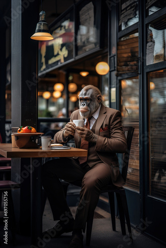 Monkey sitting in a coffee shop drinking coffee dressed in smart business clothes. Anthropomorphic, animal character