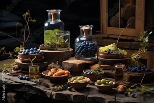 Assortment of Teas and Teaware for Traditional Japanese Tea Ceremony Preparation, harmony of herbal photo