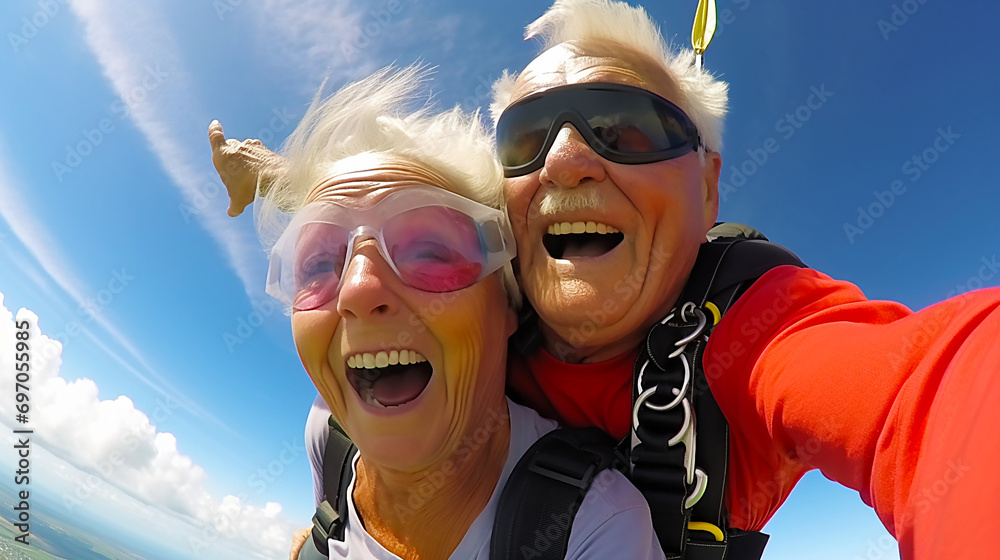 Elderly couple skydiving