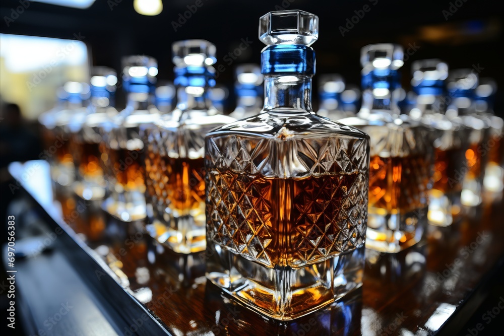 Beverage production and Preparation. Glass bottles for filling a variety of drinks, close-up Beverage production and Preparation. Glass bottles for filling a variety of drinks, close-up