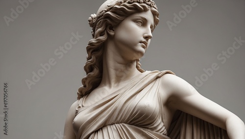 Female sculpture of the goddess of Ancient Greece on a gray background. Neutral colors and glare from the light. Renaissance statue. The architecture of antiquity.