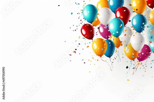 Happy Birthday balloons and confetti against a solid white background, symbolizing celebration.