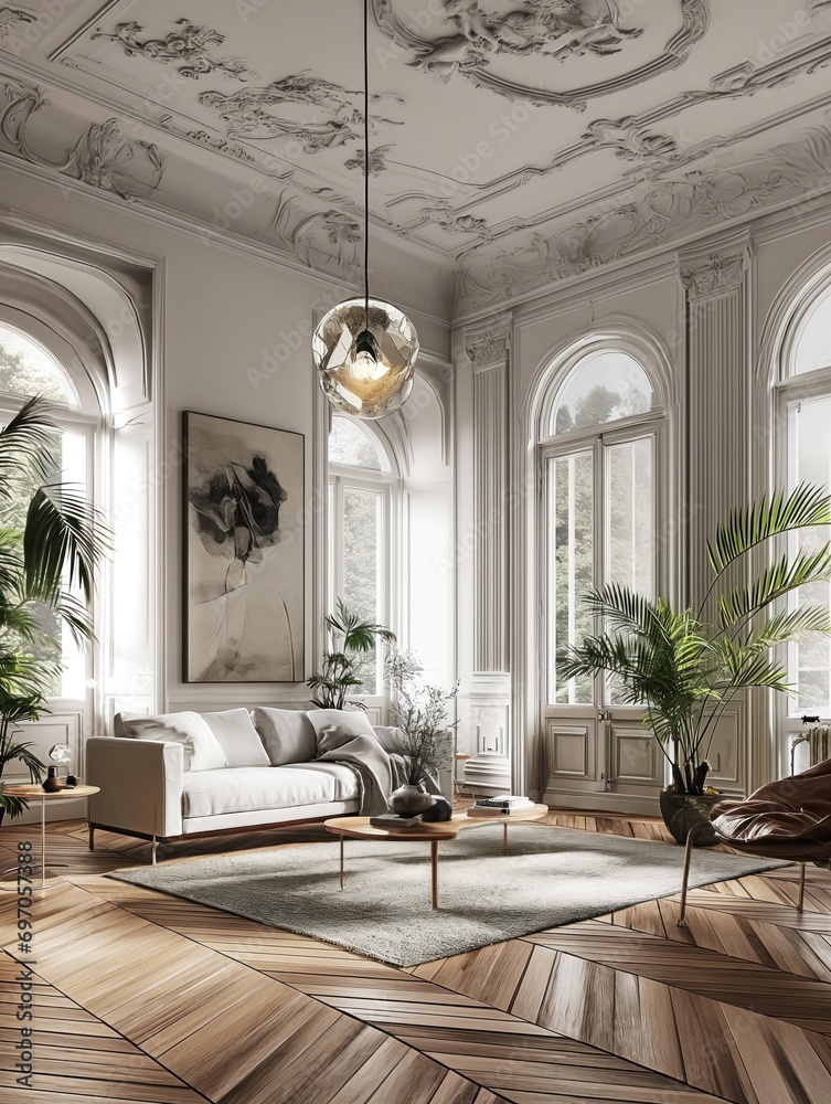 Elegant interior design of a spacious living room with classical architecture and modern furniture