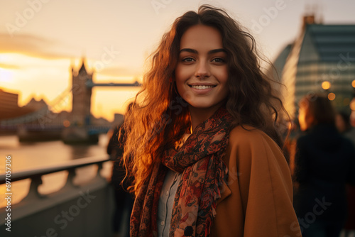 Portrait of a Beautiful Young British Model Woman for a Tourism Campaign Advertisement with City Sunset © F U T U R O 