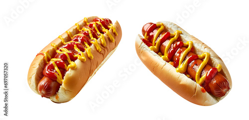 Set of Savory Hot Dogs with Ketchup and Mustard, Isolated on Transparent Background, PNG