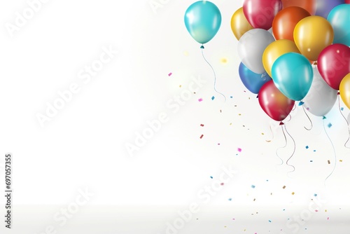 Happy Birthday balloons and confetti on a solid white background  creating a cheerful ambiance.