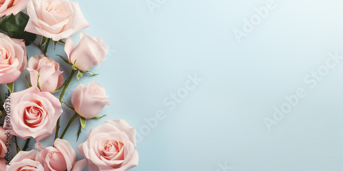 Banner with pink rose flowers on side of blue background with copy space