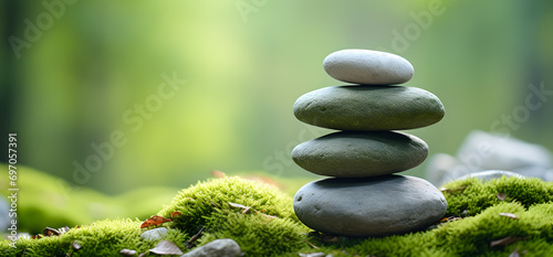 zen stones on green moss in the forest with bokeh background