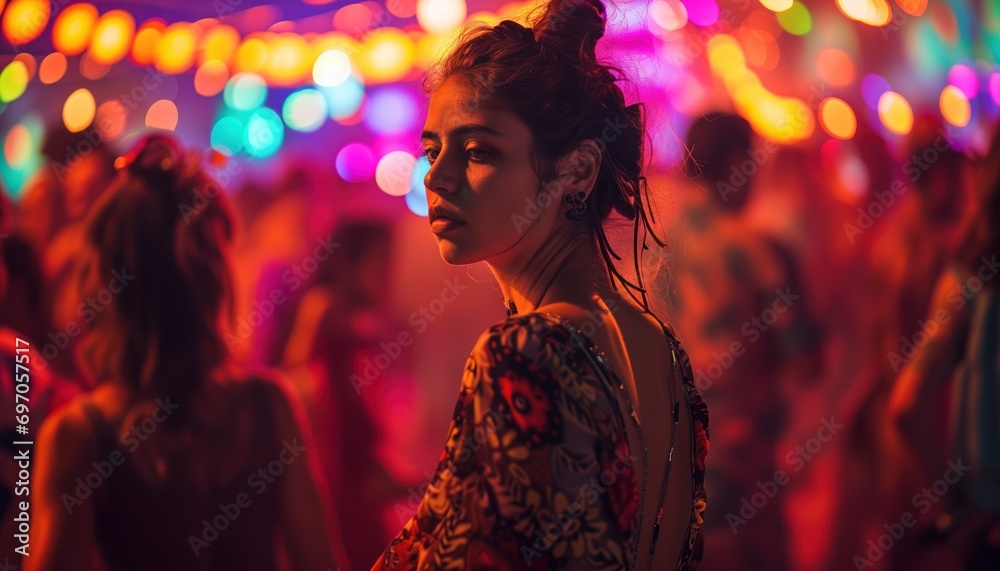 Portrait of a reflective young woman at a colorful bokeh-lit festival looking to the side