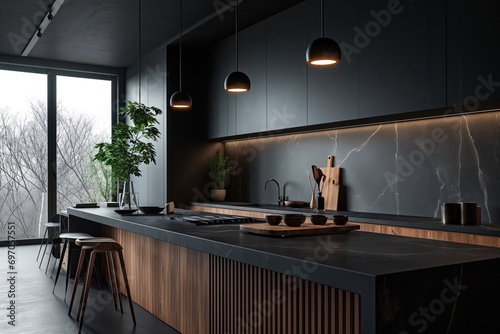 Modern kitchen design with black cabinetry  pendant lighting  and wooden bar stools for a stylish home