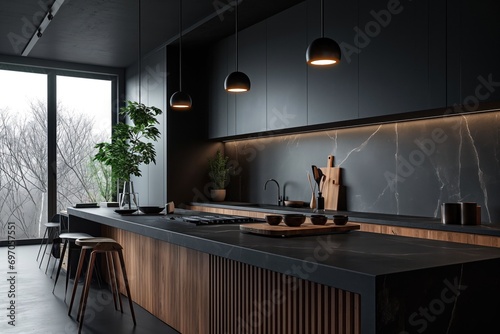 Modern kitchen design with black cabinetry, pendant lighting, and wooden bar stools for a stylish home photo