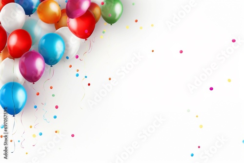 Happy Birthday themed balloons and confetti against a solid white background, symbolizing joy.